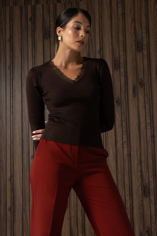 Camisola de malha canelada com renda Camisola de malha canelada com renda