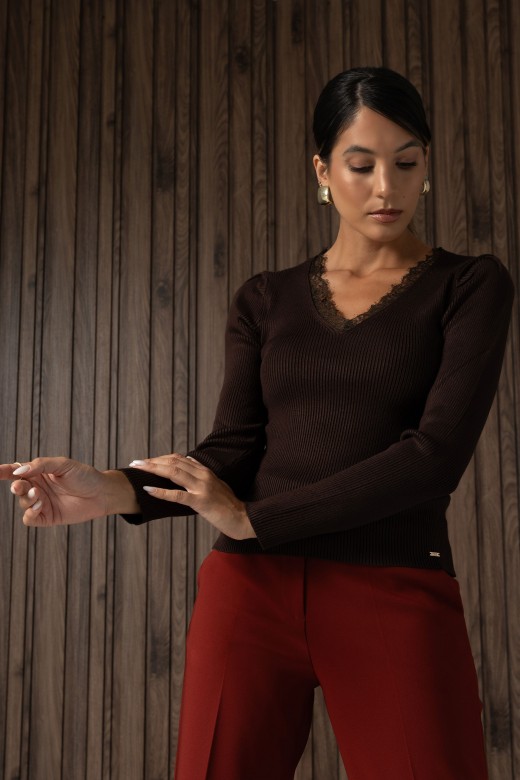 Camisola de malha canelada com renda Camisola de malha canelada com renda