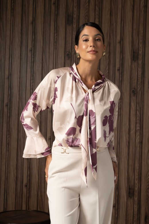 Fluid printed tunic with tie neckline Fluid printed tunic with tie neckline