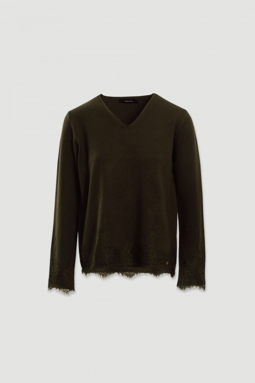 Camisola de malha com detalhe em renda Camisola de malha com detalhe em renda