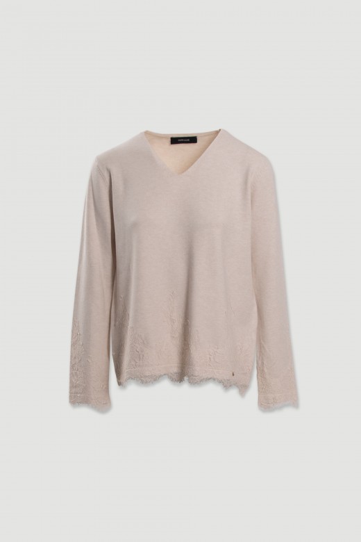 Camisola de malha com detalhe em renda Camisola de malha com detalhe em renda