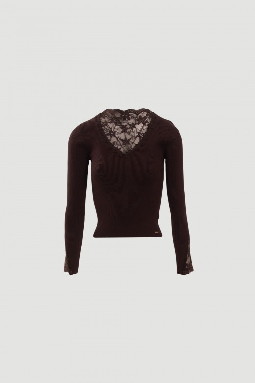 Camisola de malha canelada com renda Camisola de malha canelada com renda