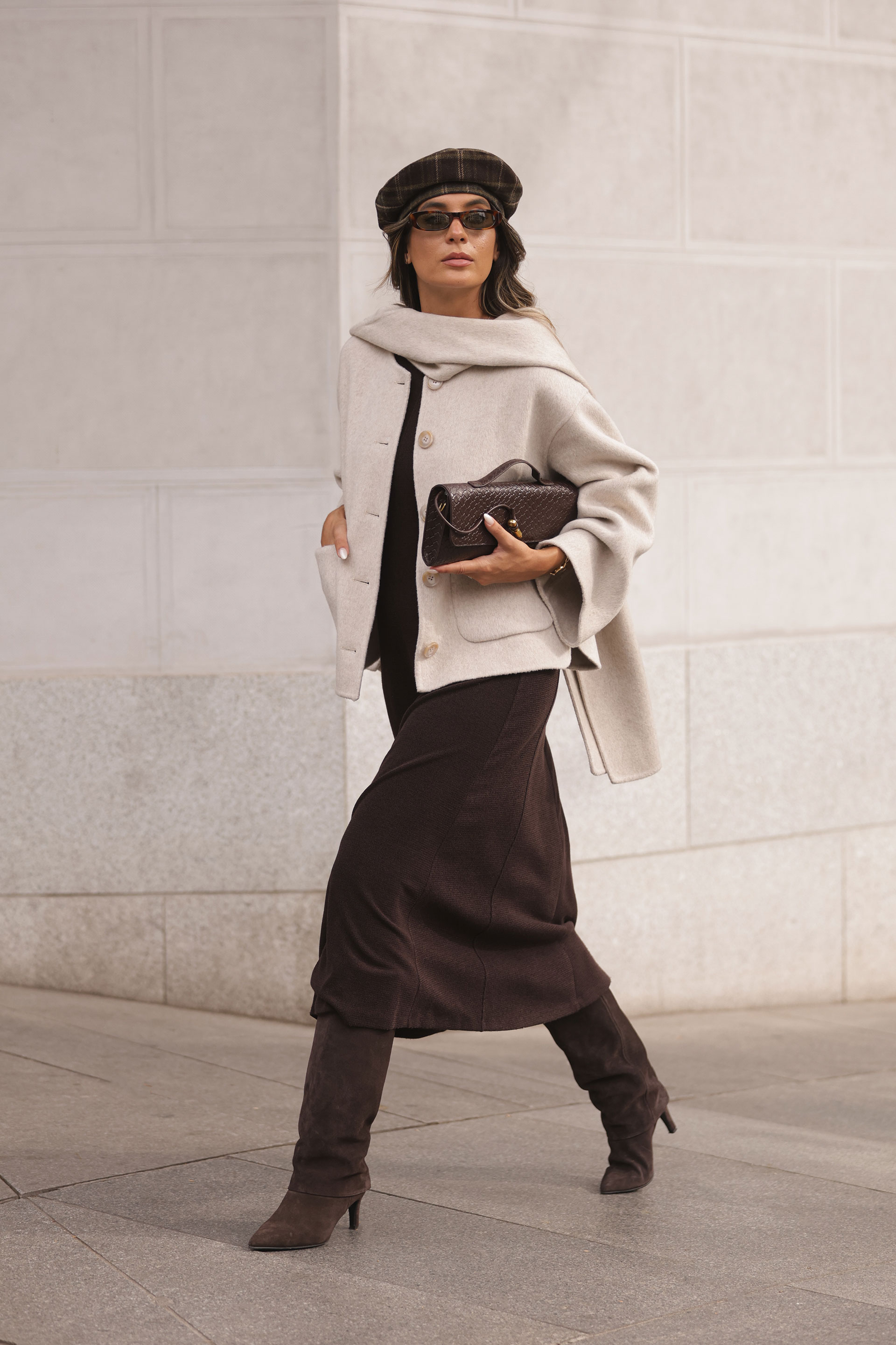 Short wool jacket with scarf-effect collar