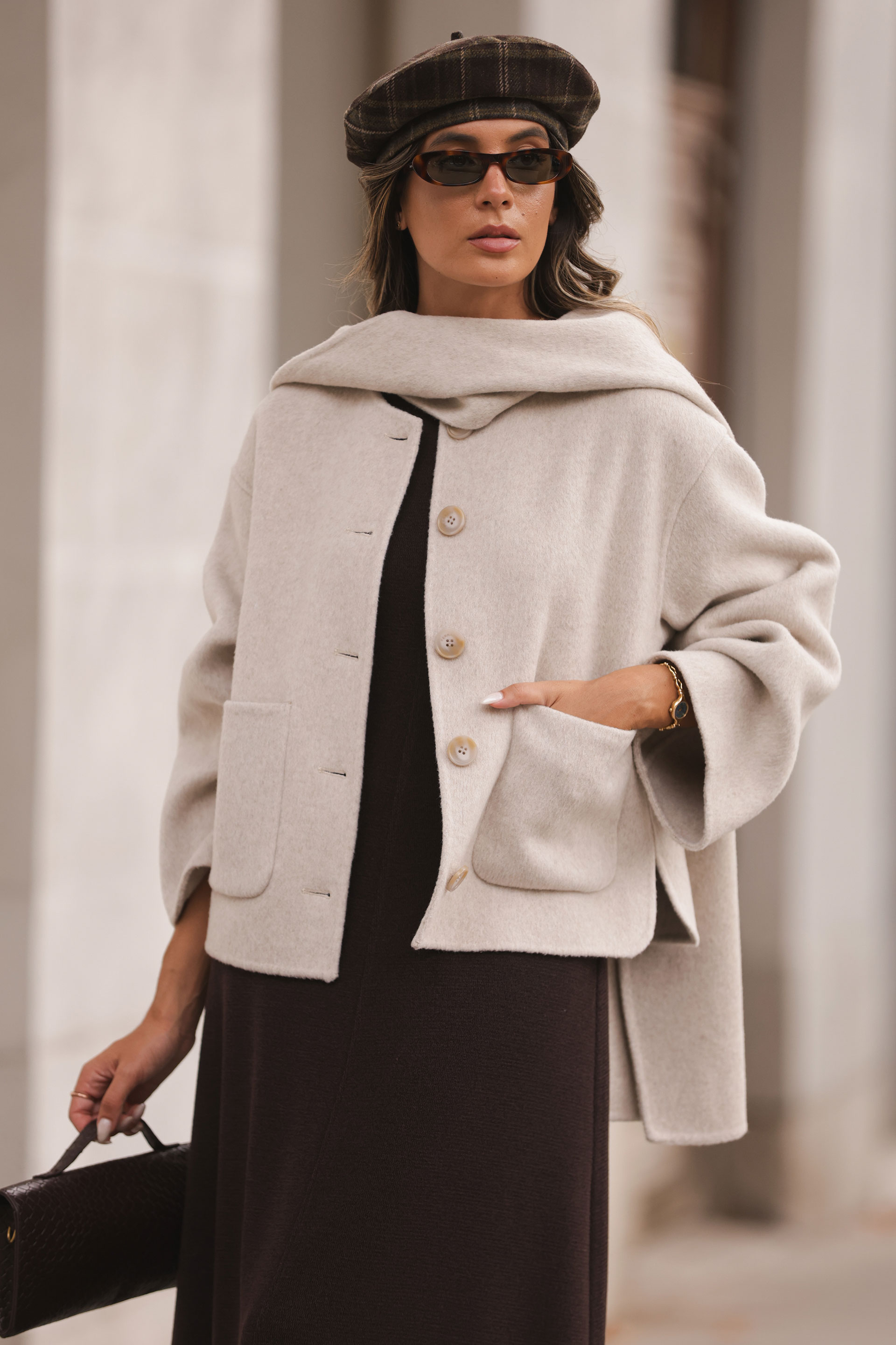 Short wool jacket with scarf-effect collar