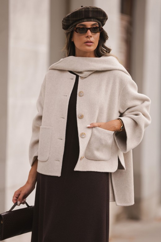 Short wool jacket with scarf-effect collar