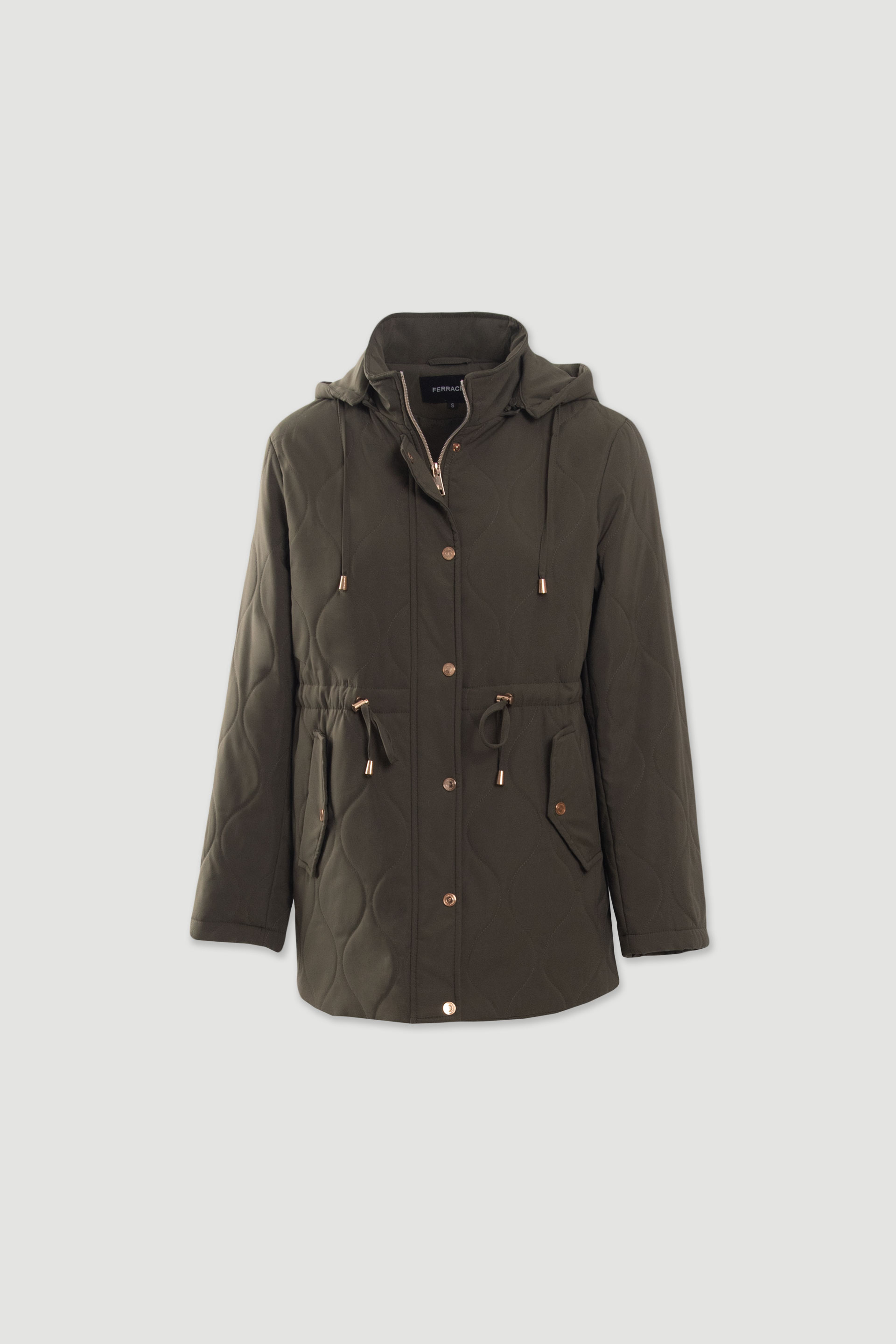 Parka acolchoada com capuz e cintura ajustável