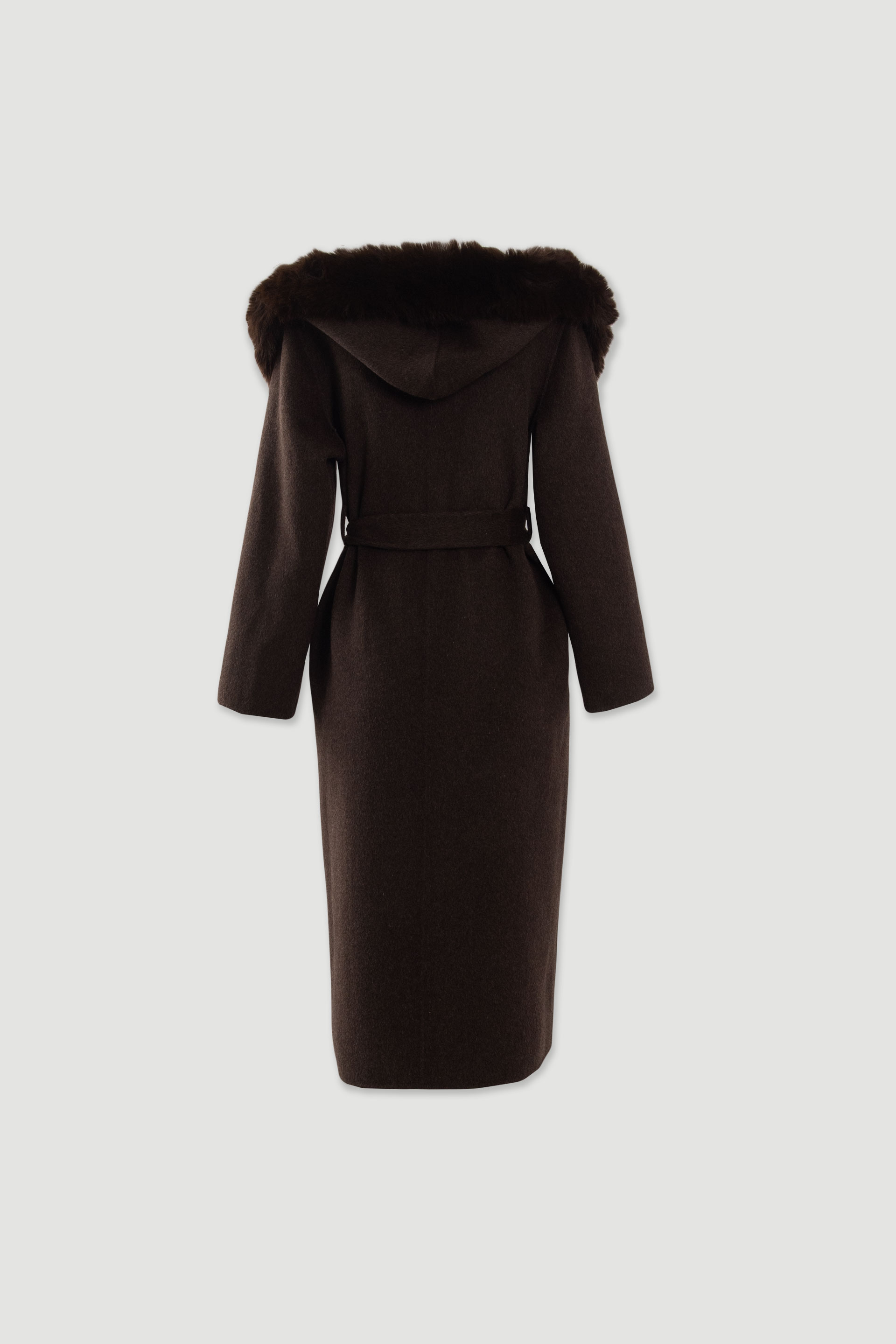 Manteau midi en laine avec capuche en fourrure
