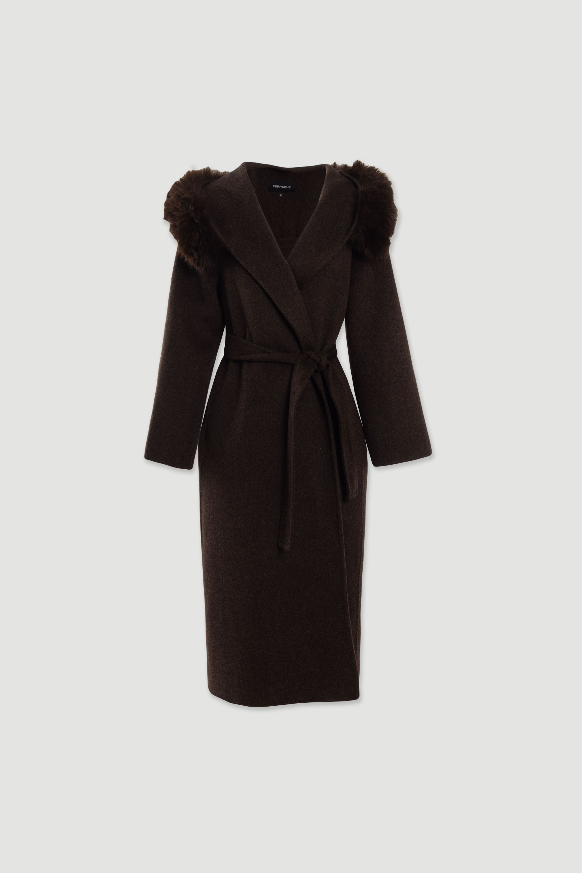 Manteau midi en laine avec capuche en fourrure