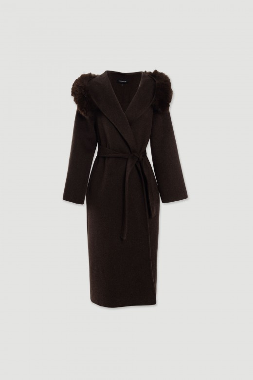 Manteau midi en laine avec capuche en fourrure Manteau midi en laine avec capuche en fourrure