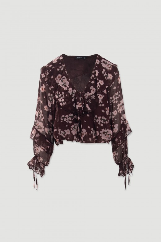 Blusa curta floral com laçada Blusa curta floral com laçada