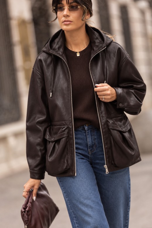 Faux leather jacket with hood and large pockets
