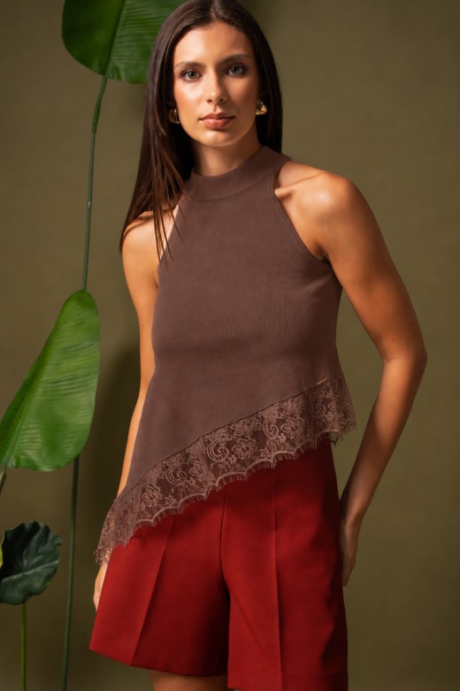 Asymmetric knit top with lace Asymmetric knit top with lace