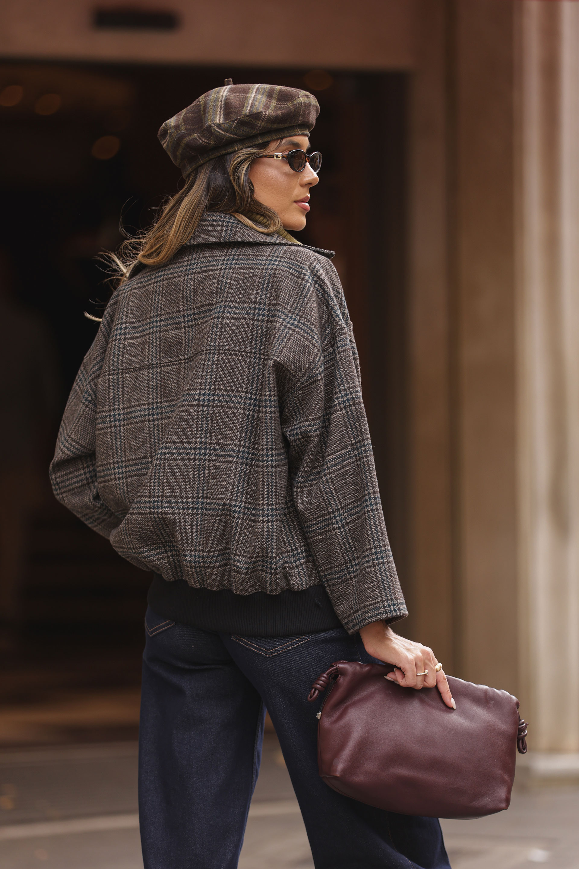 Short checked double-breasted coat