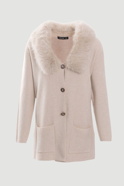 Manteau en maille avec col en fourrure amovible Manteau en maille avec col en fourrure amovible