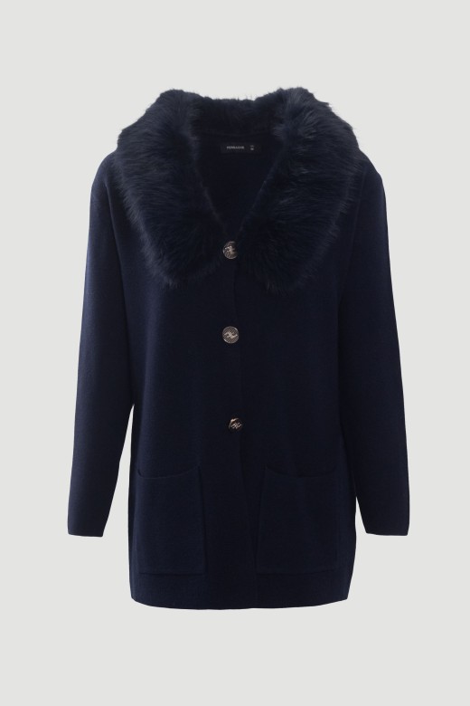 Manteau en maille avec col en fourrure amovible Manteau en maille avec col en fourrure amovible
